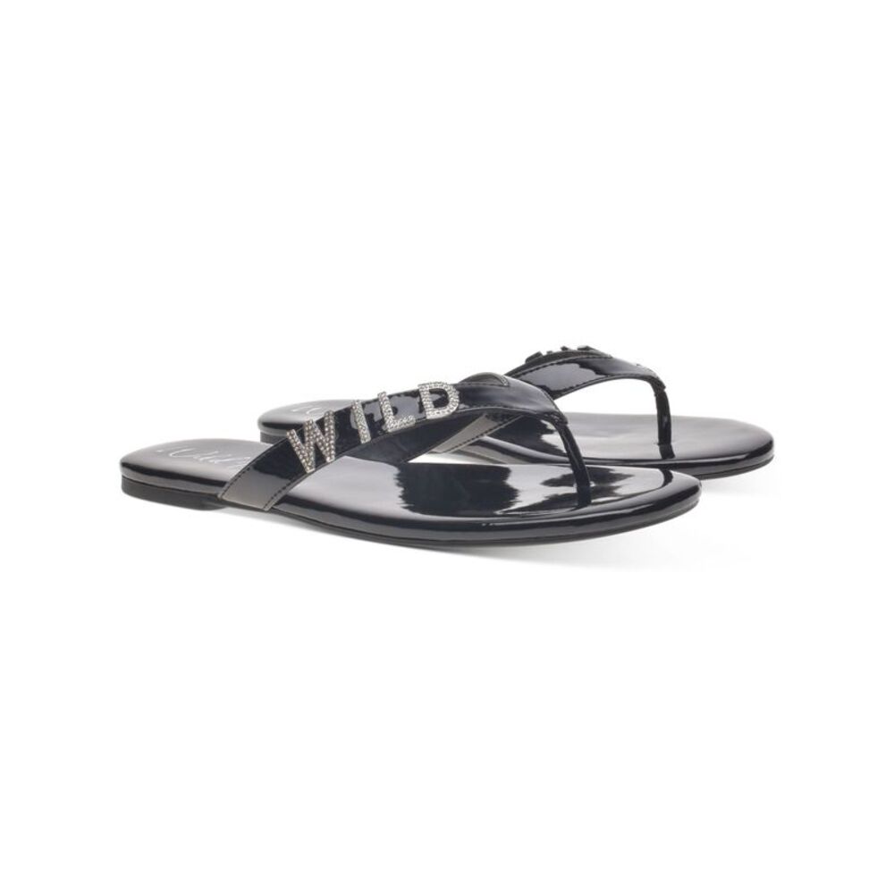 WILD PAIR Womens Black Rhinestone Fantasia Round Toe Slip On Thong Sandals 6 M